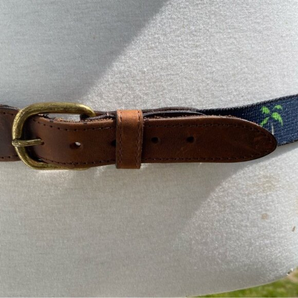 THOMAS BATES BELT BLUE FABRIC GREEN PALM TREES BROWN LEATHER BRASS BUCKLE 38 USA - Picture 4 of 11